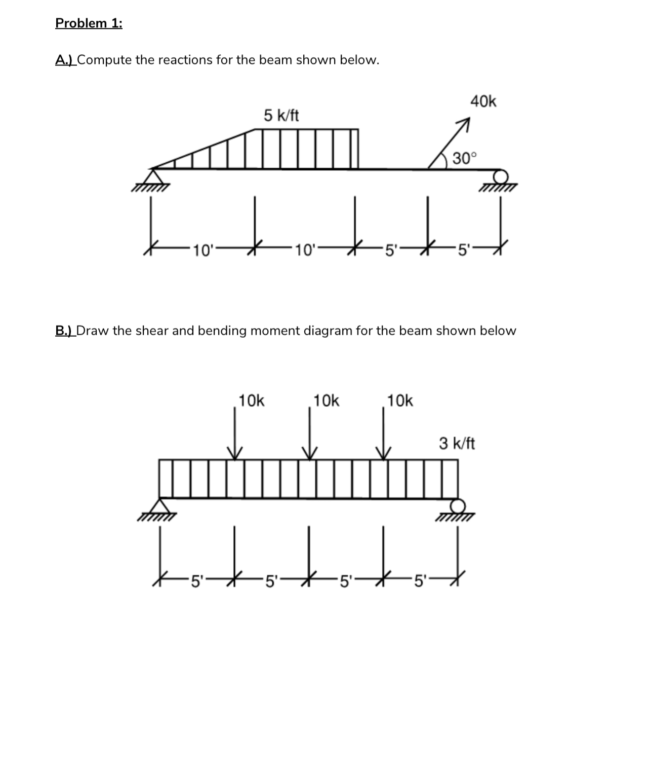 Problem 1 : A . ) Compute the reactions for the