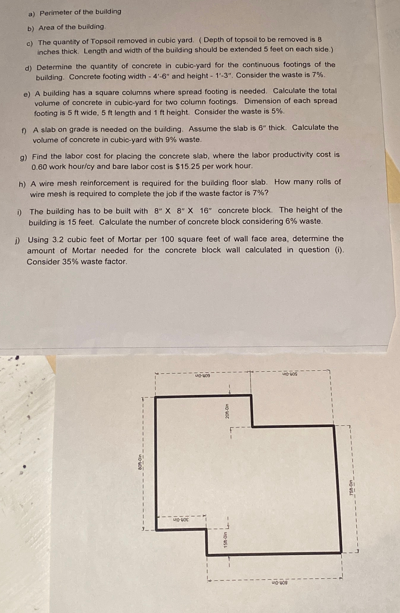 a ) Perimeter of the building b ) Area of the