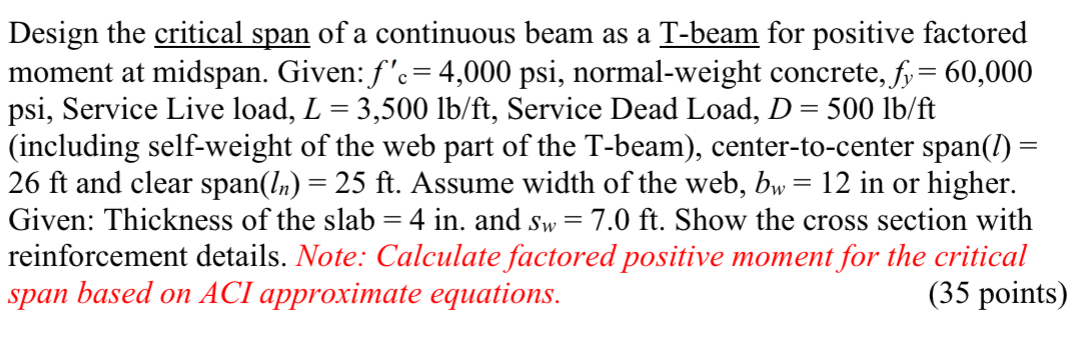Design the critical span of a continuous beam as