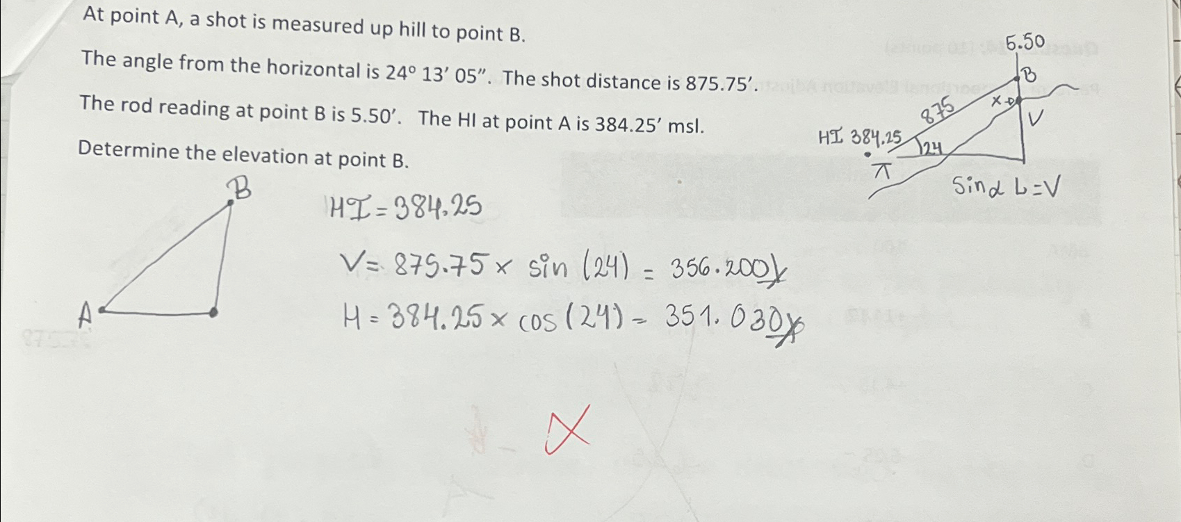At point A , a shot is measured up hill to point