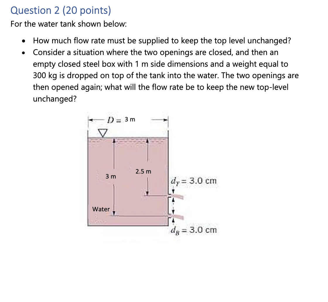 Question 2 ( 2 0 points ) For the water tank
