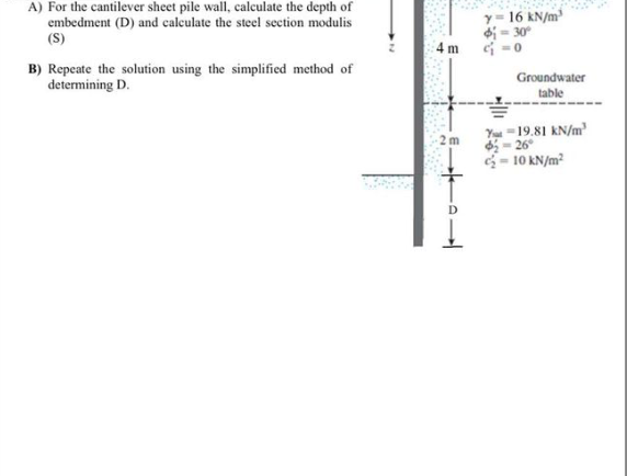 A ) For the cantilever sheet pile wall, calculate