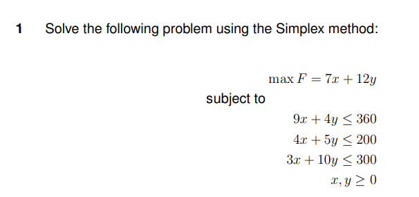 1 Solve the following problem using the Simplex