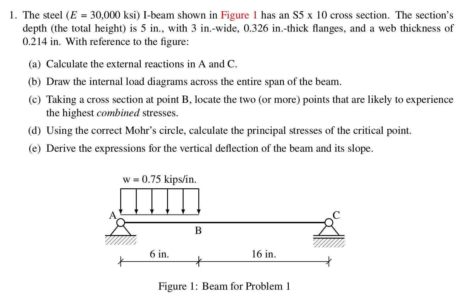 The steel ( E = 3 0 , 0 0 0 ks ) I - beam shown