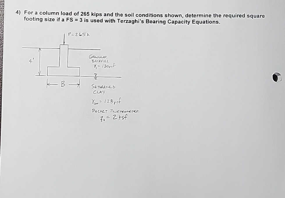 For a column load of 2 6 5 kips and the soil