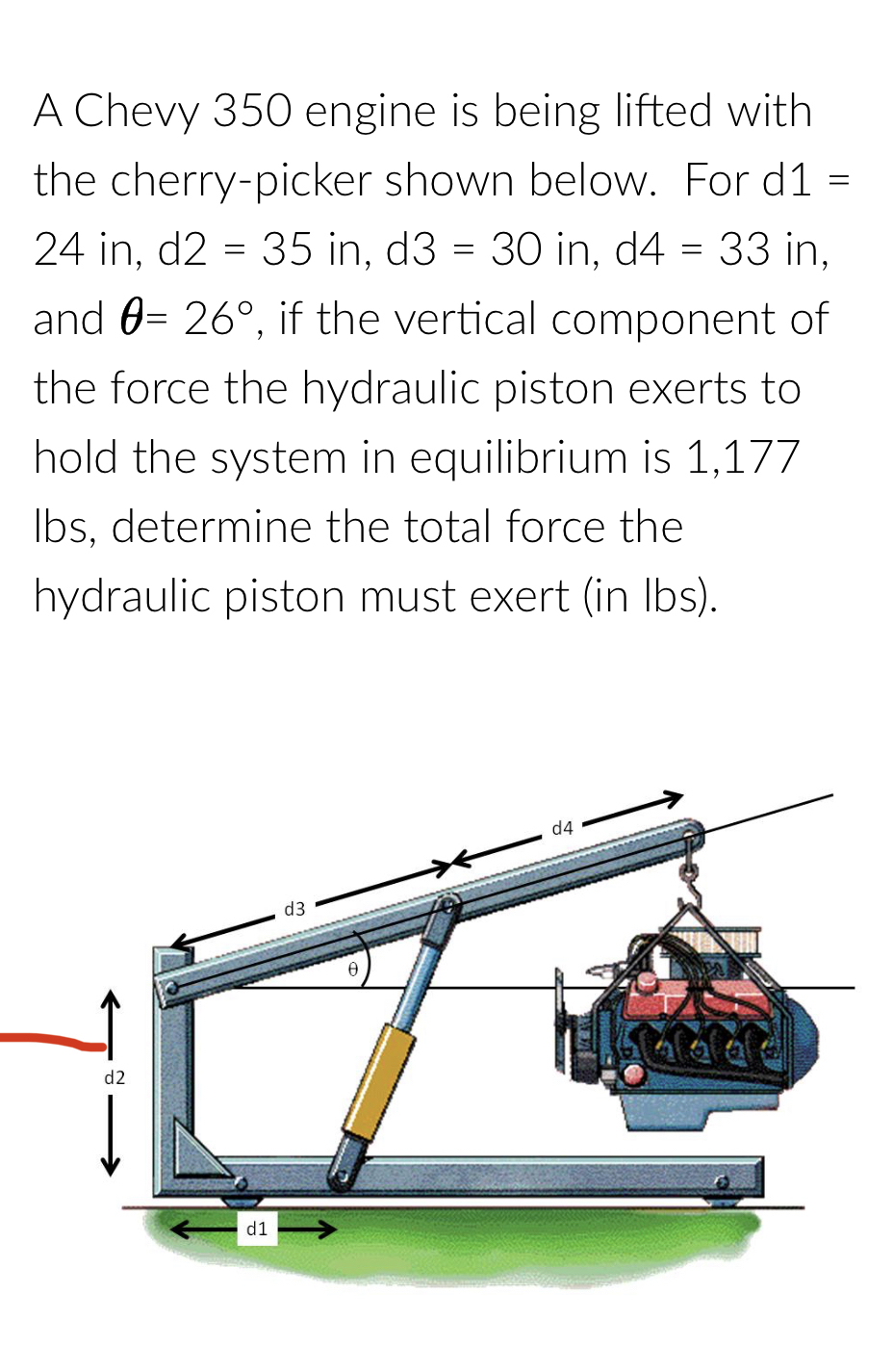 A Chevy 3 5 0 engine is being lifted with the