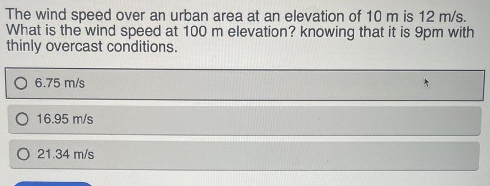 The wind speed over an urban area at an elevation