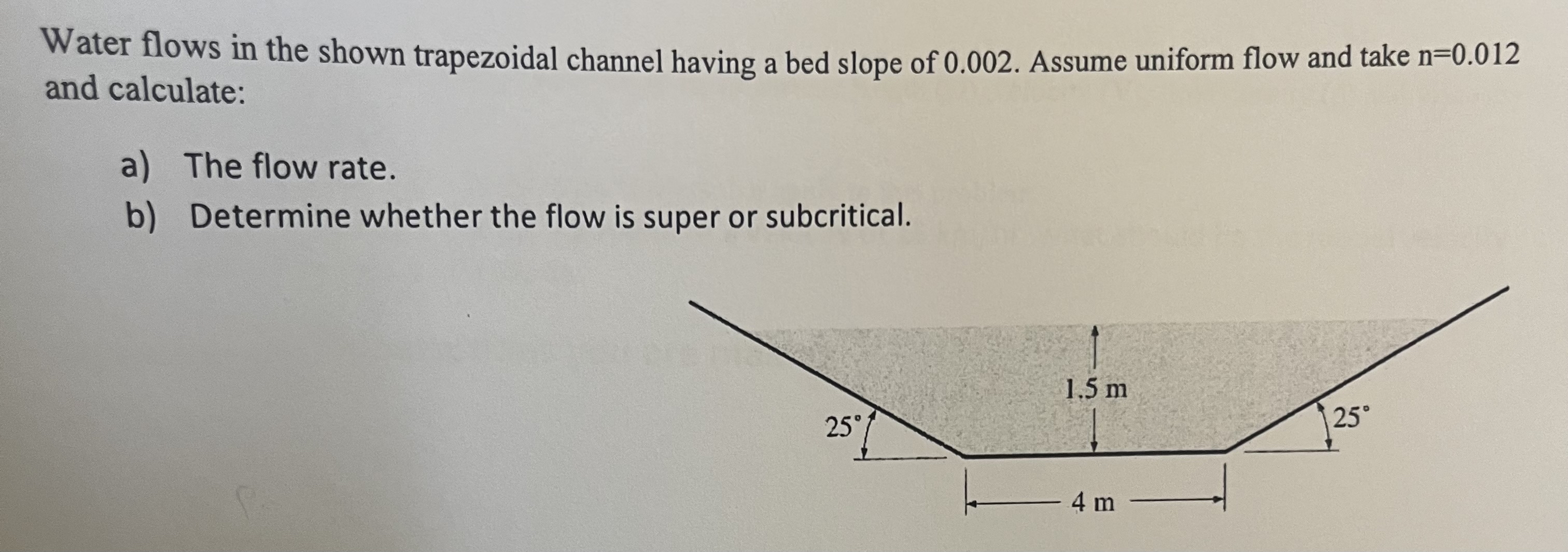 Water flows in the shown trapezoidal channel