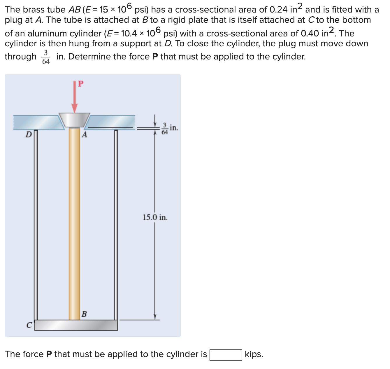 The brass tube A B ( E = 1 5 1 0 6 ) has a cross