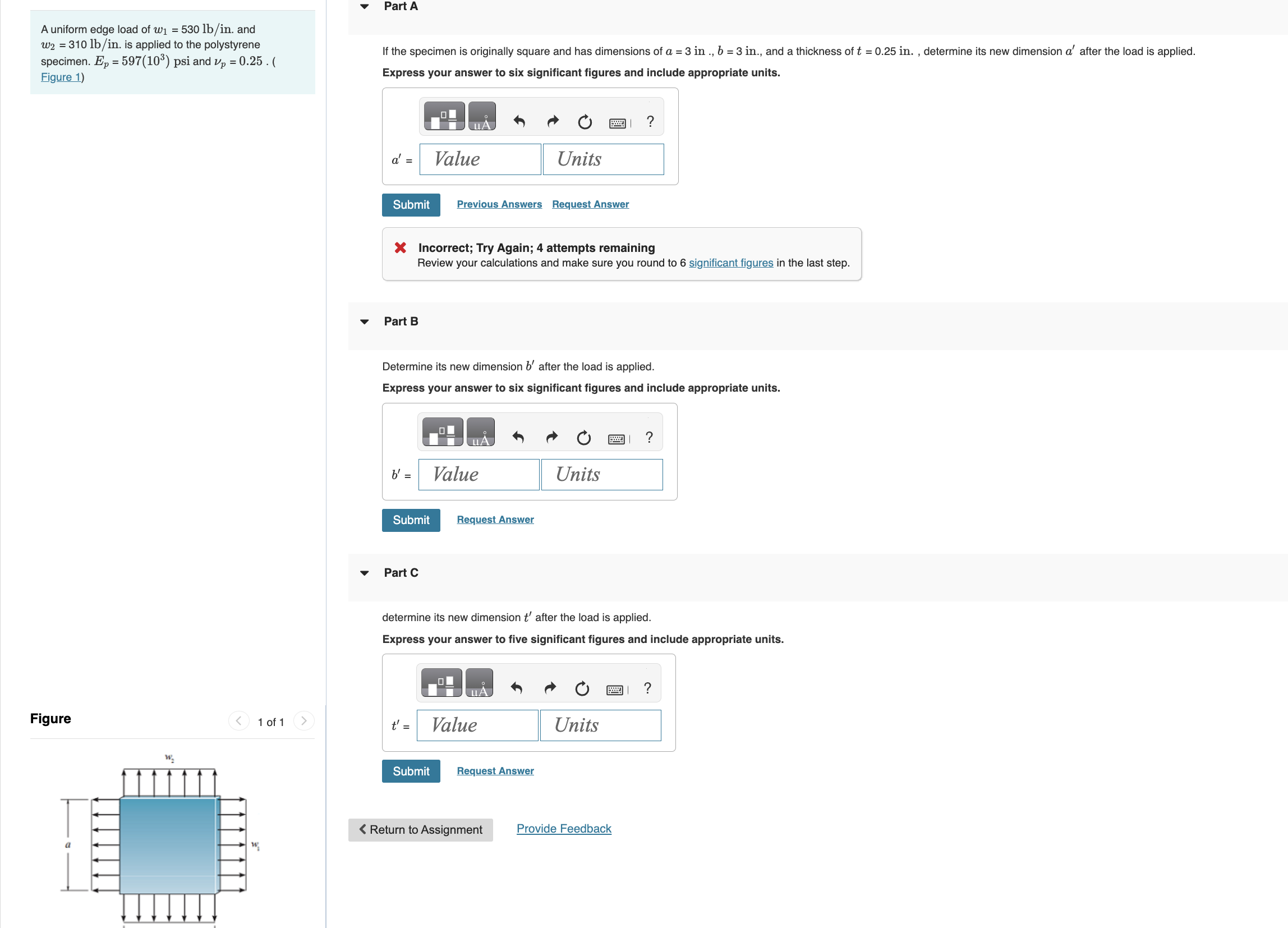 A uniform edge load of w 1 = 5 3 0 lb / in . and