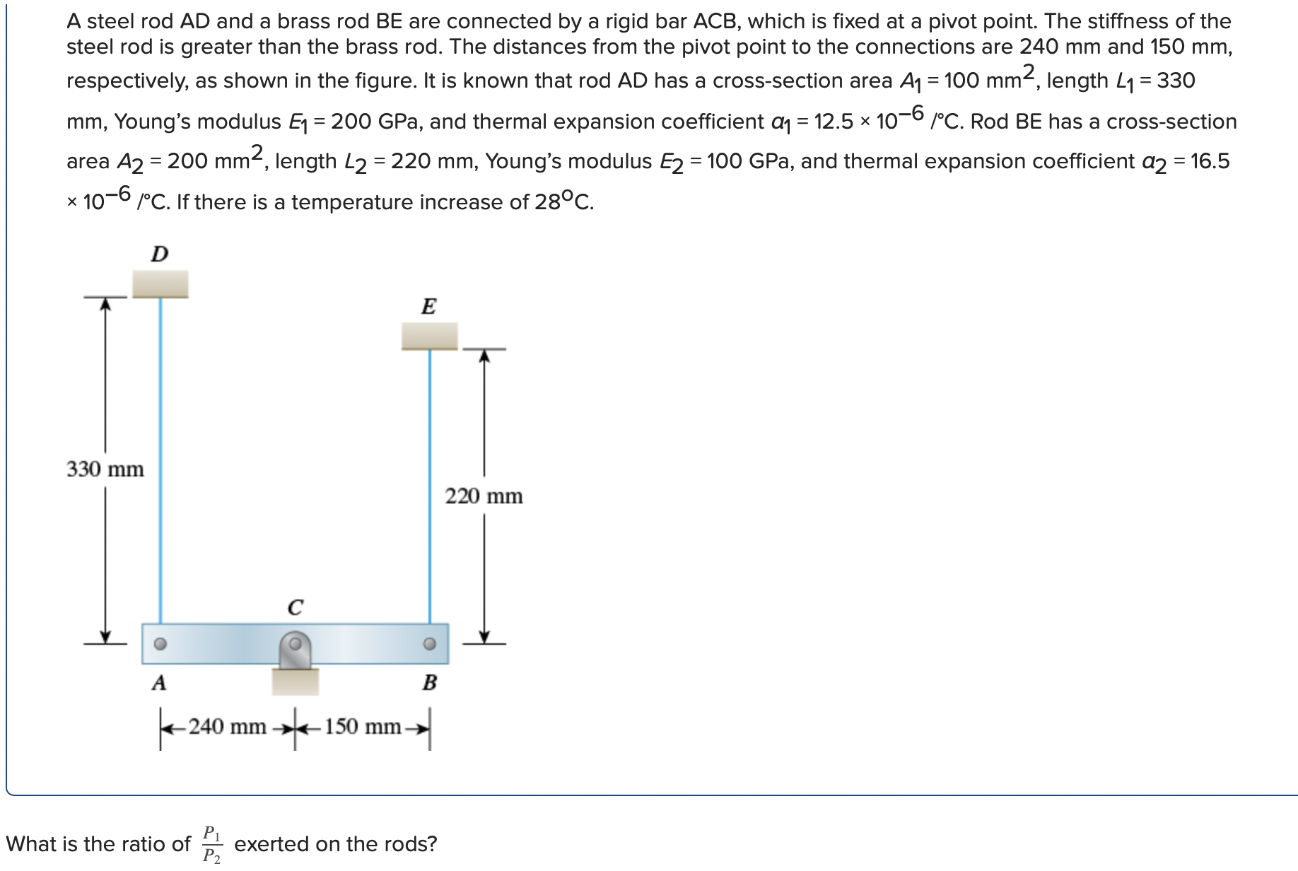 A steel rod AD and a brass rod BE are connected