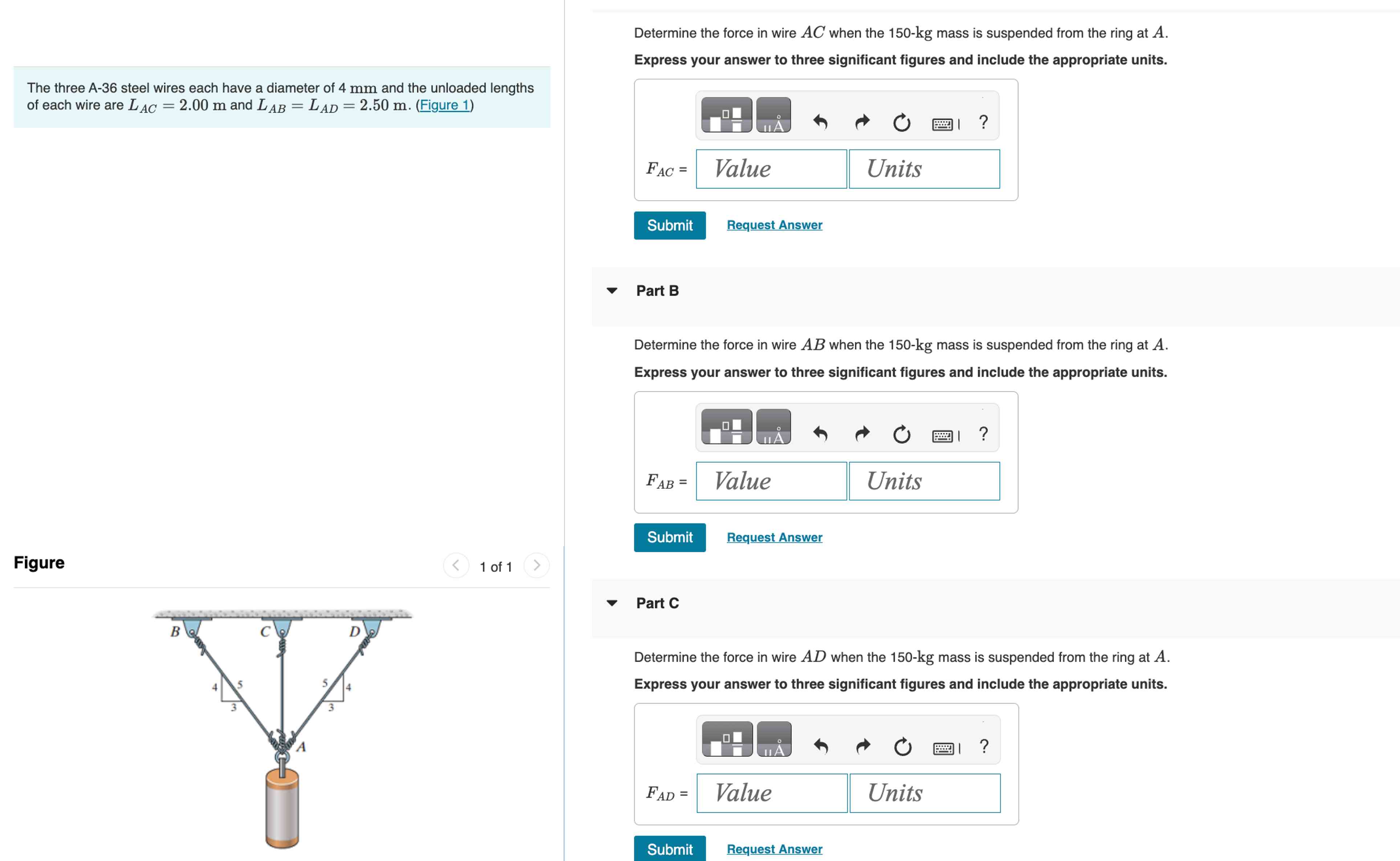 Determine the force in wire A C when the 1 5 0 -