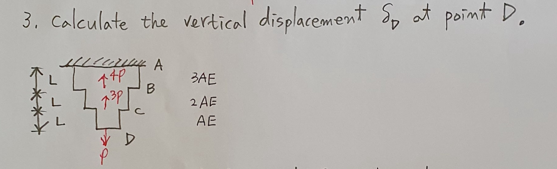 Calculate the vertical displacement D at point D