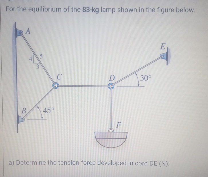 For the equilibrium of the 8 3 - kg lamp shown in
