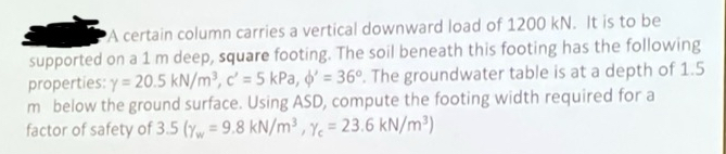 A certain column carries a vertical downward load