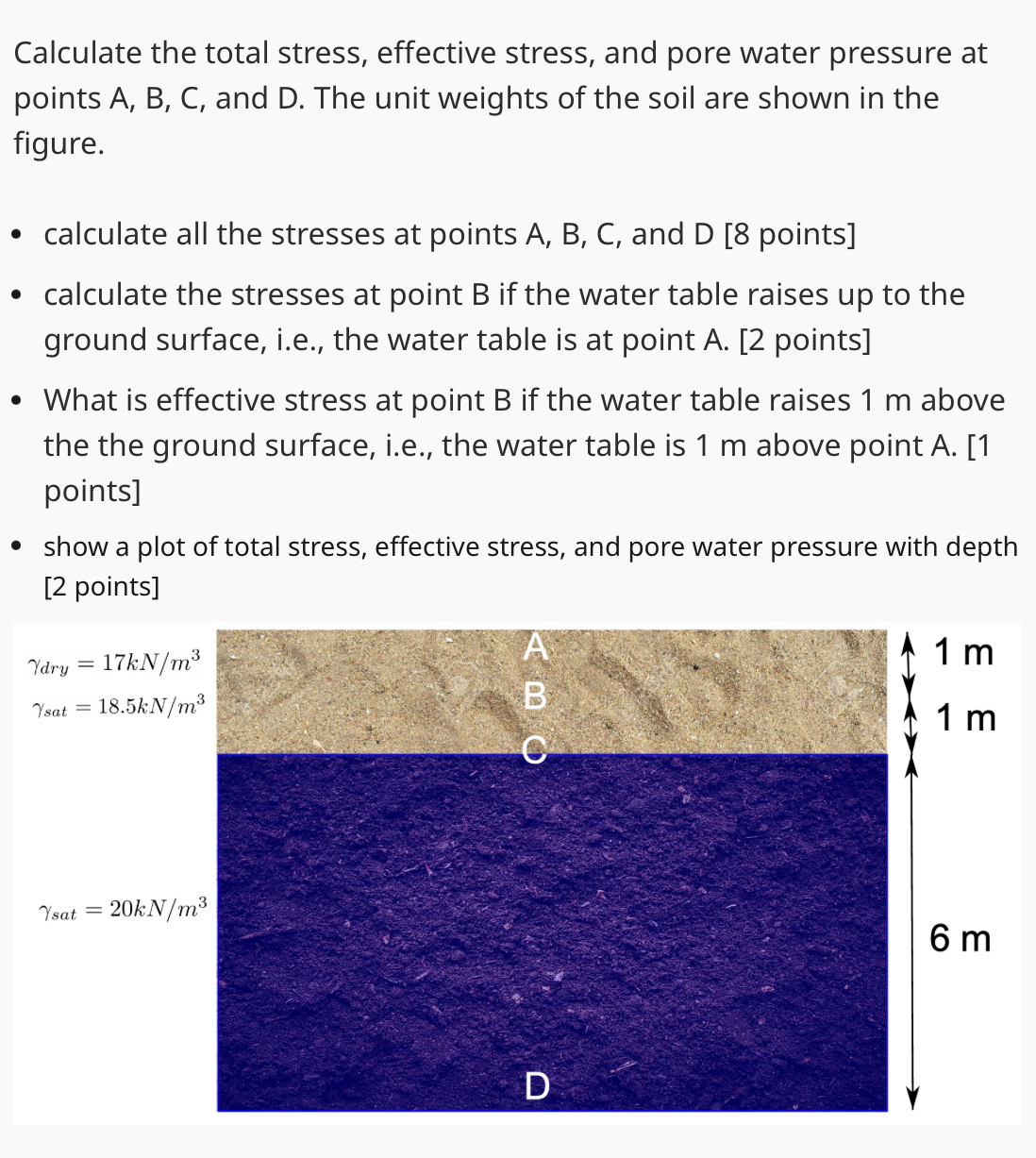 Calculate the total stress, effective stress, and
