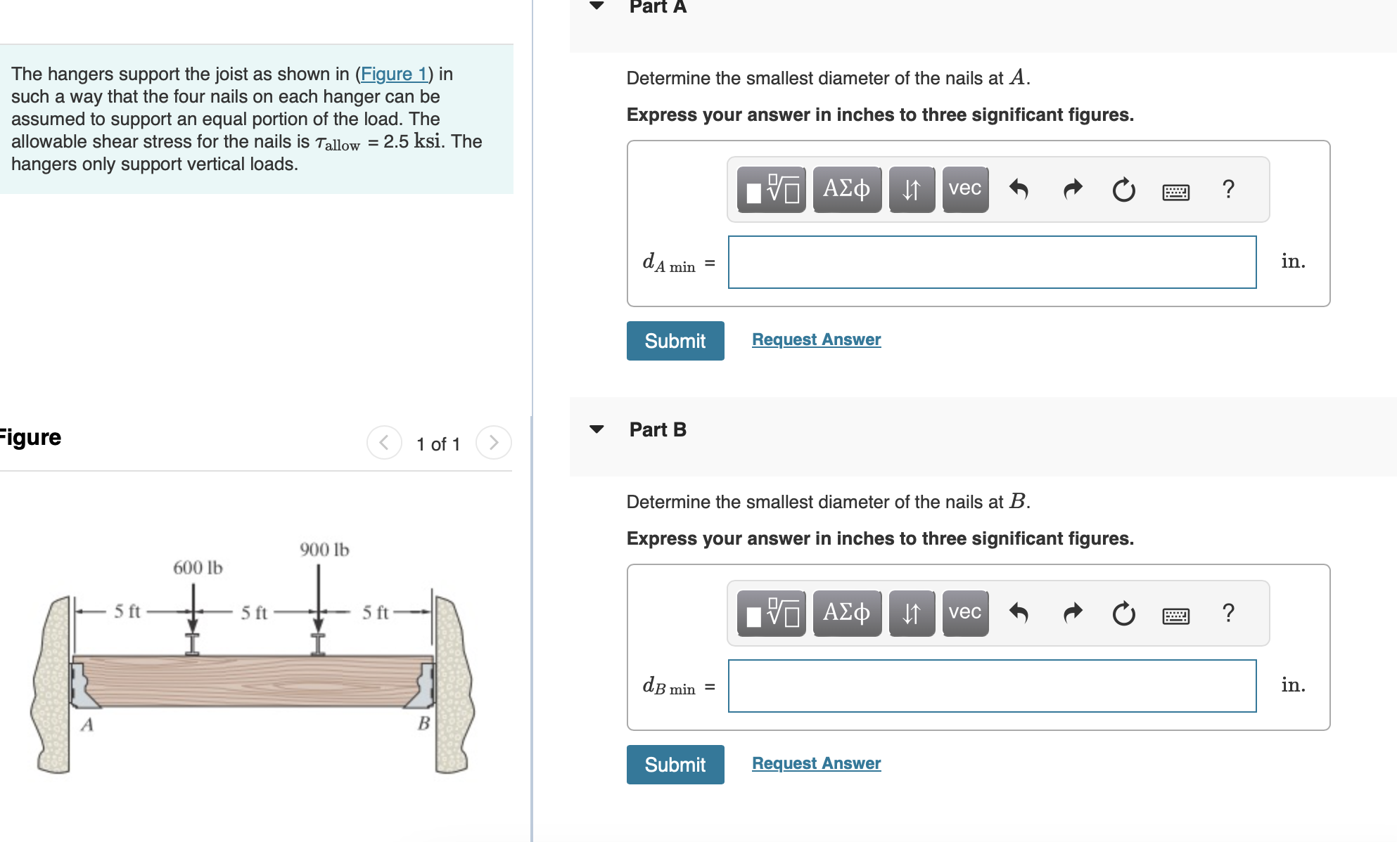 Part A The hangers support the joist as shown in