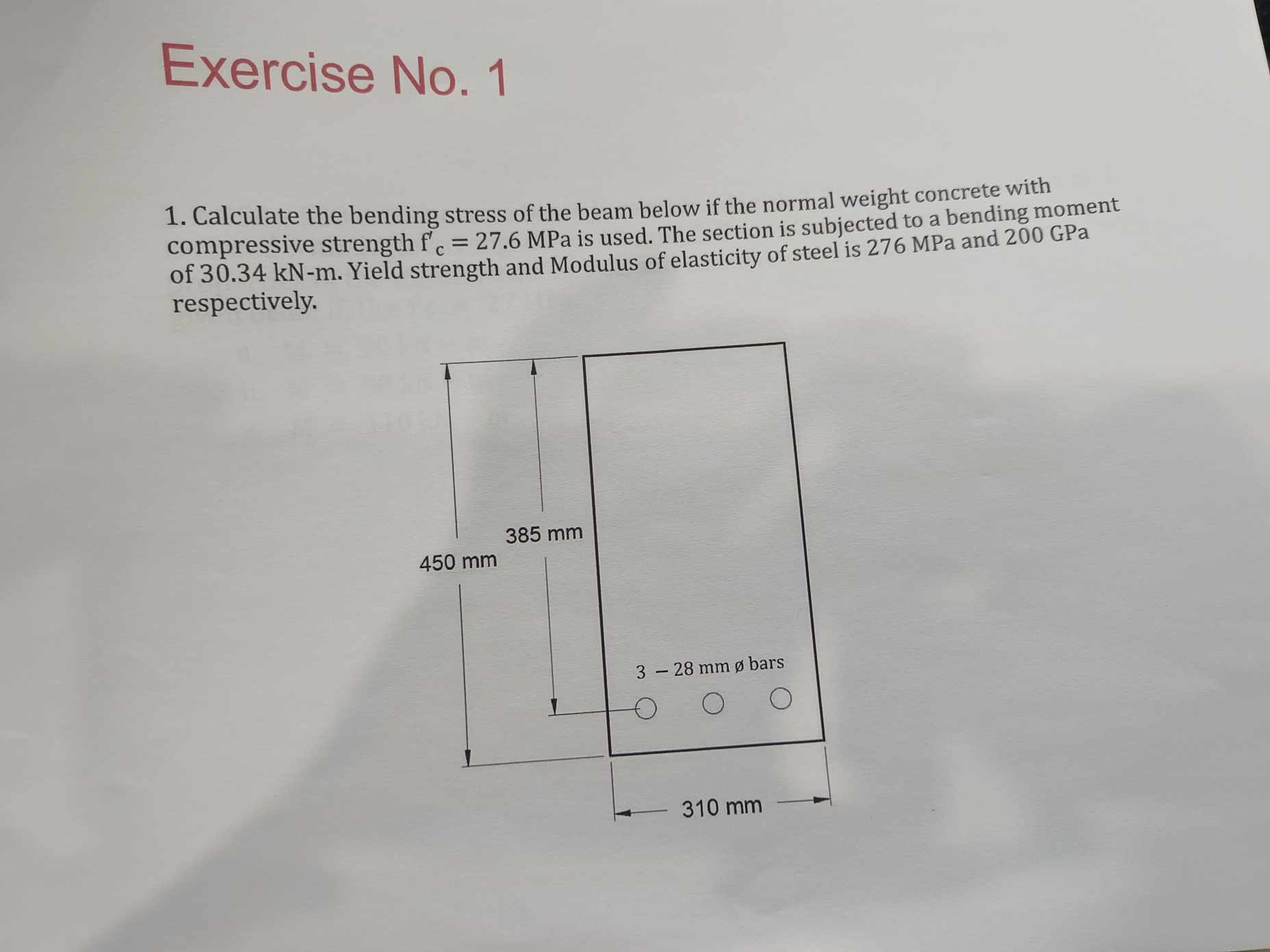 Exercise No . 1 Calculate the bending stress of