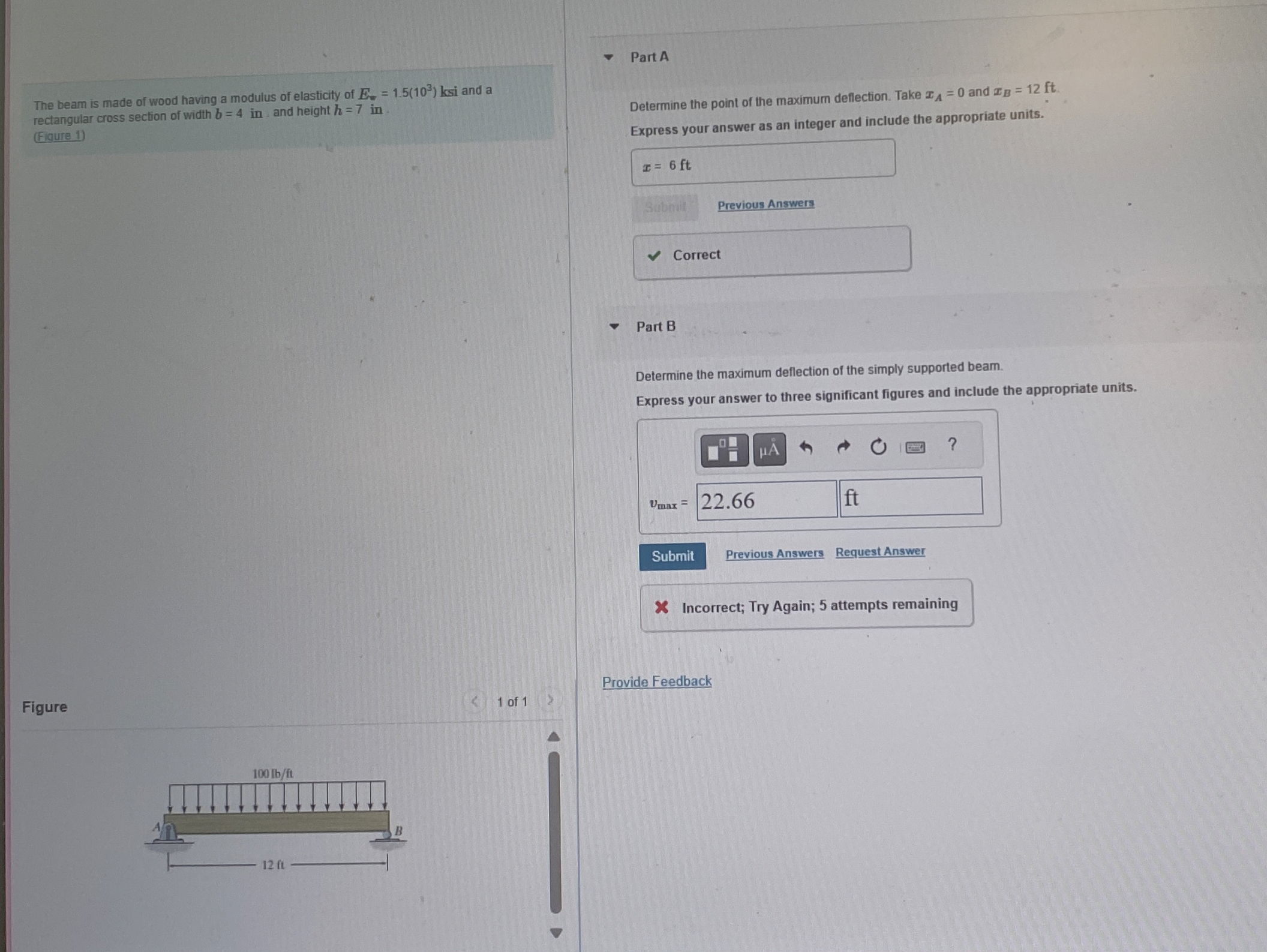 The beam is made of wood having a modulus of