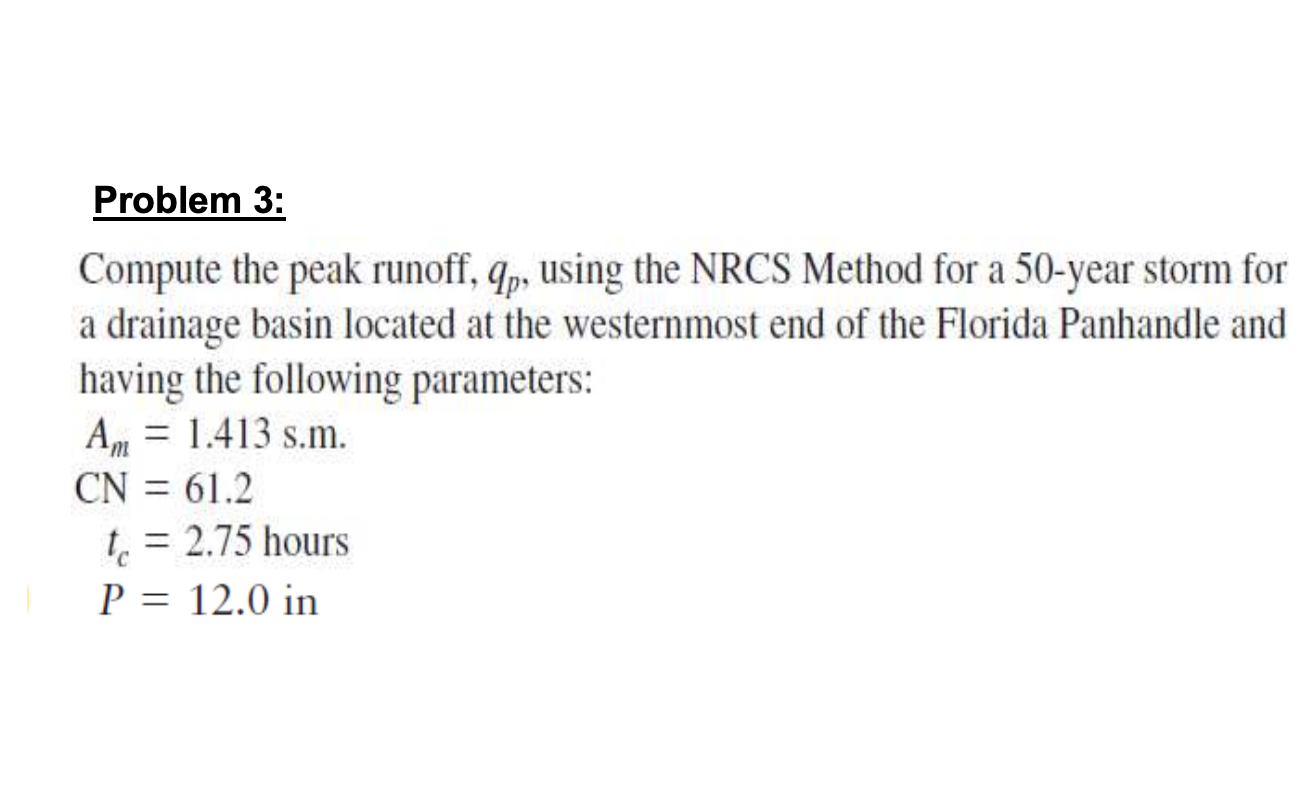 Problem 3 : Compute the peak runoff, q p , using