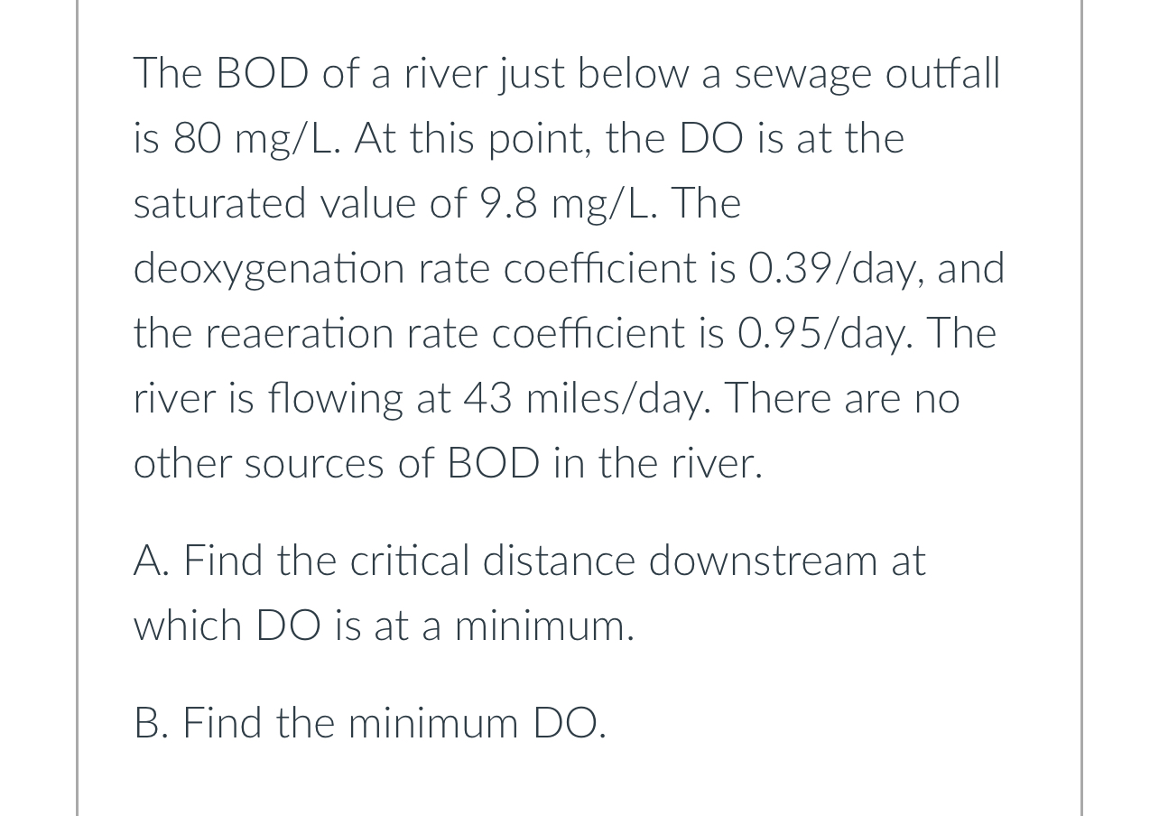 The BOD of a river just below a sewage outfall is