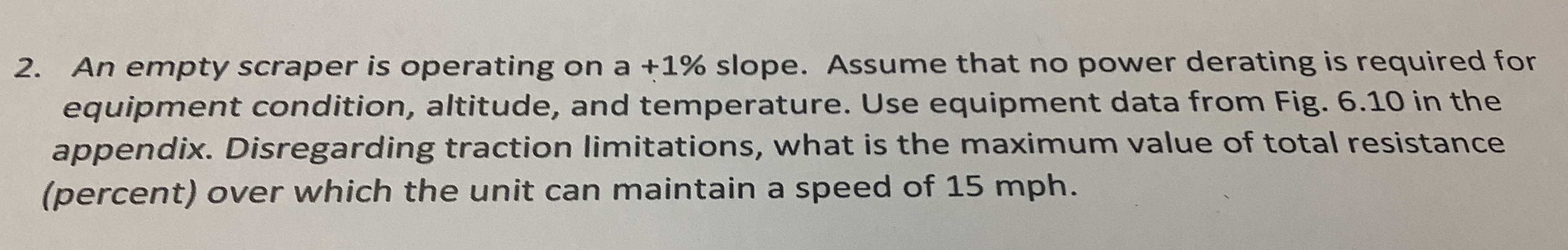 An empty scraper is operating on a + 1 % slope.