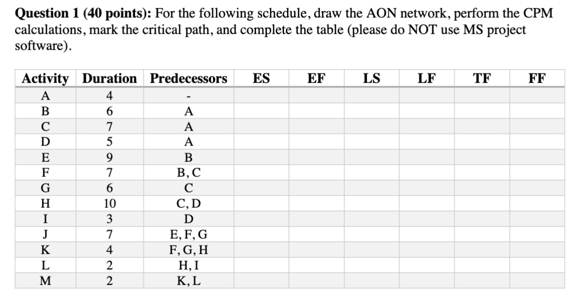 Question 1 ( 4 0 points ) : For the following