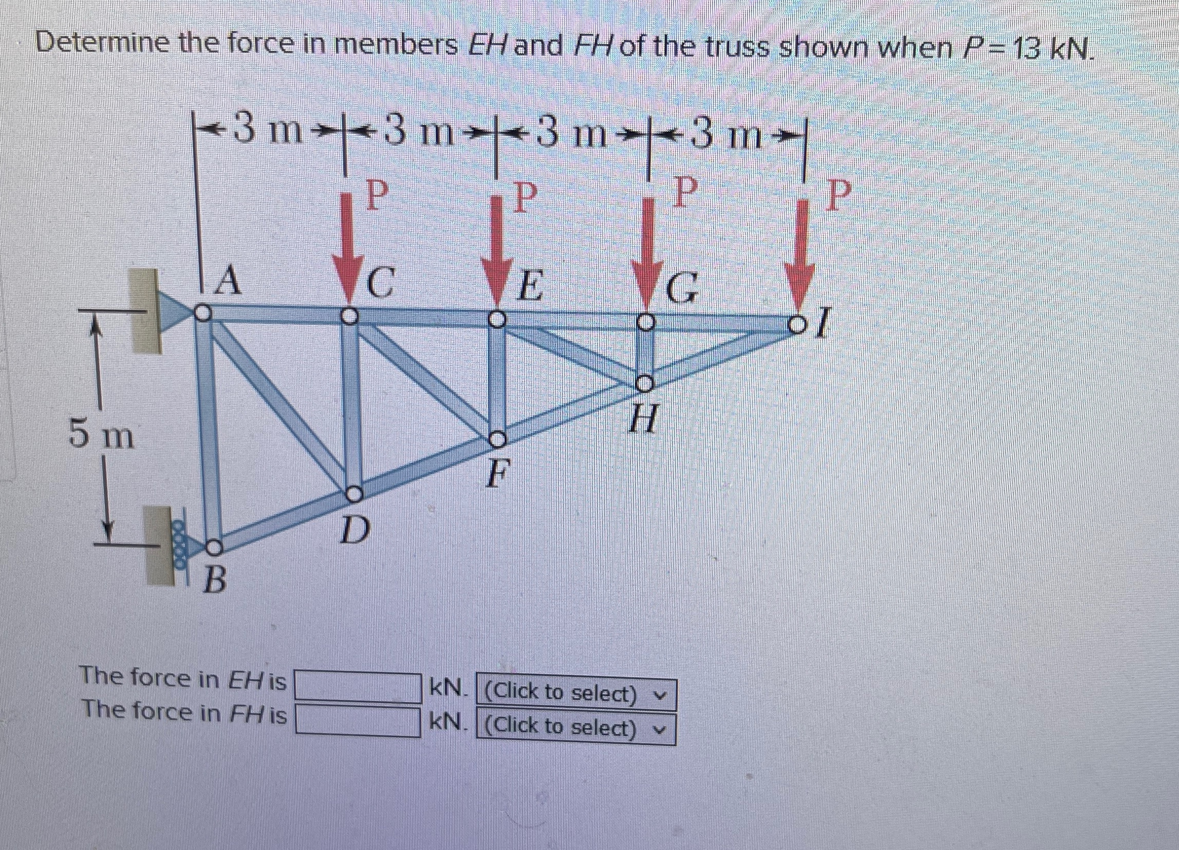 Determine the force in members E H and F H of the