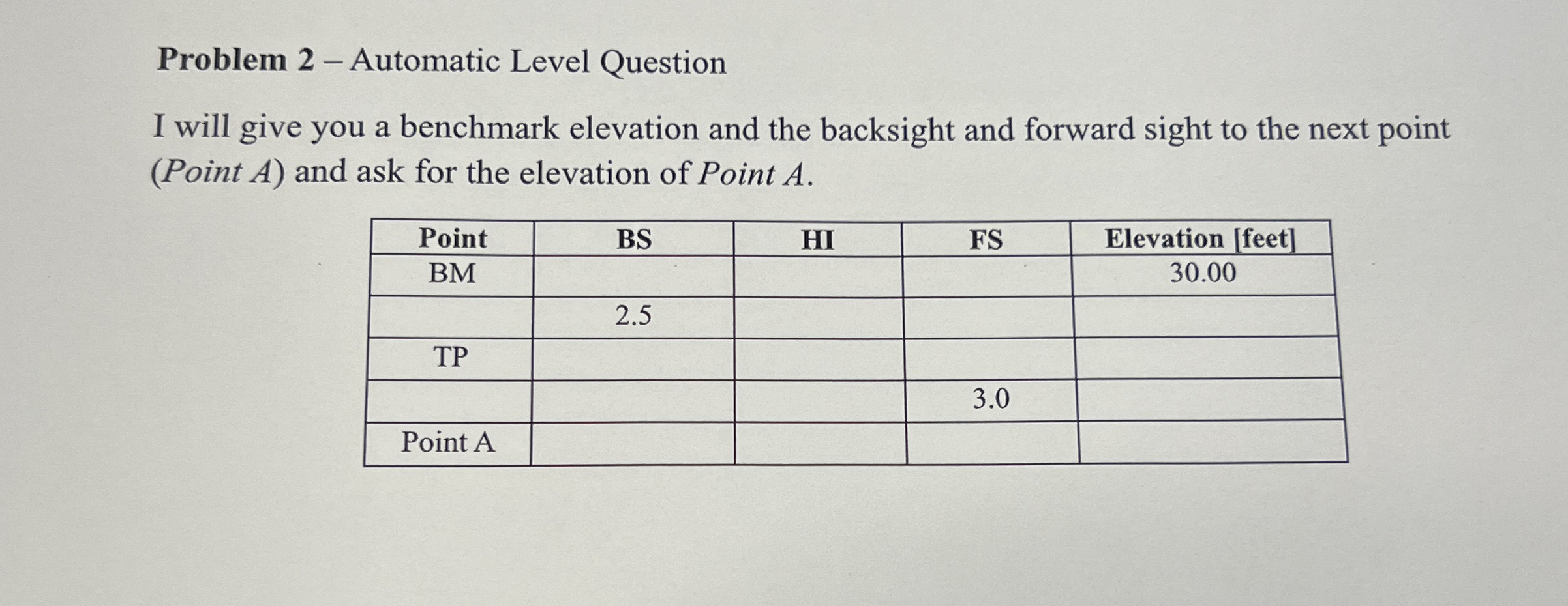 Problem 2 - Automatic Level Question I will give