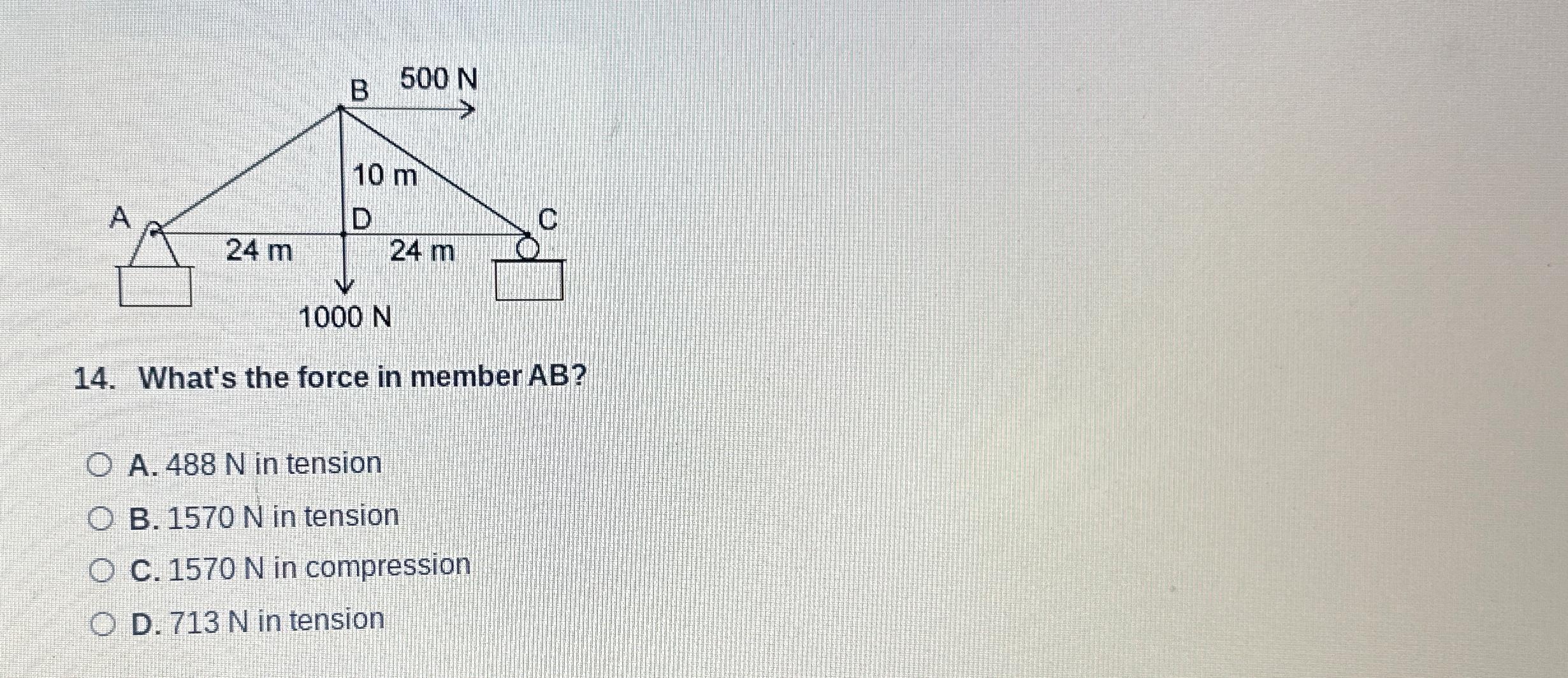 What's the force in member AB ? A . 4 8 8 N in
