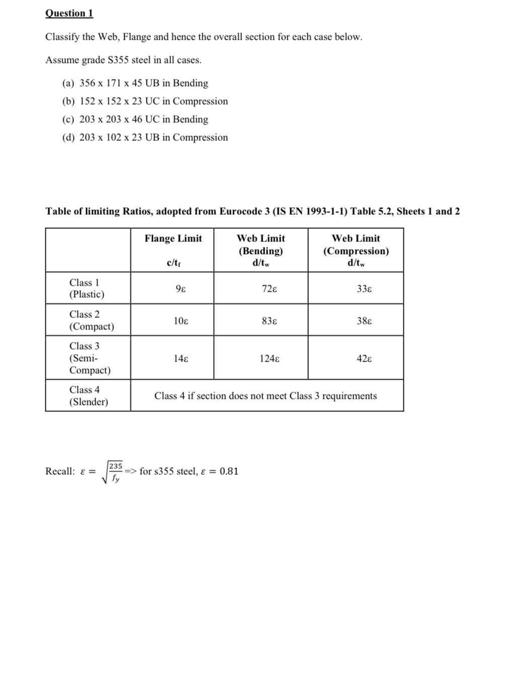 Question 1 Classify the Web, Flange and hence the