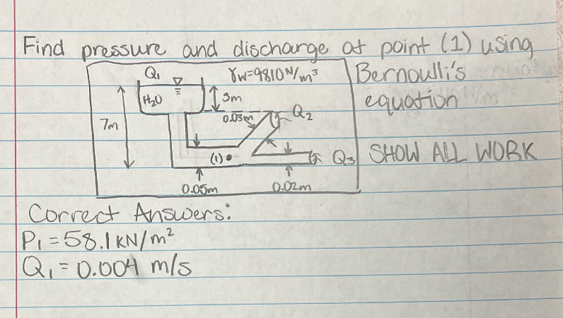 Find pressure and discharge of point ( 1 ) using