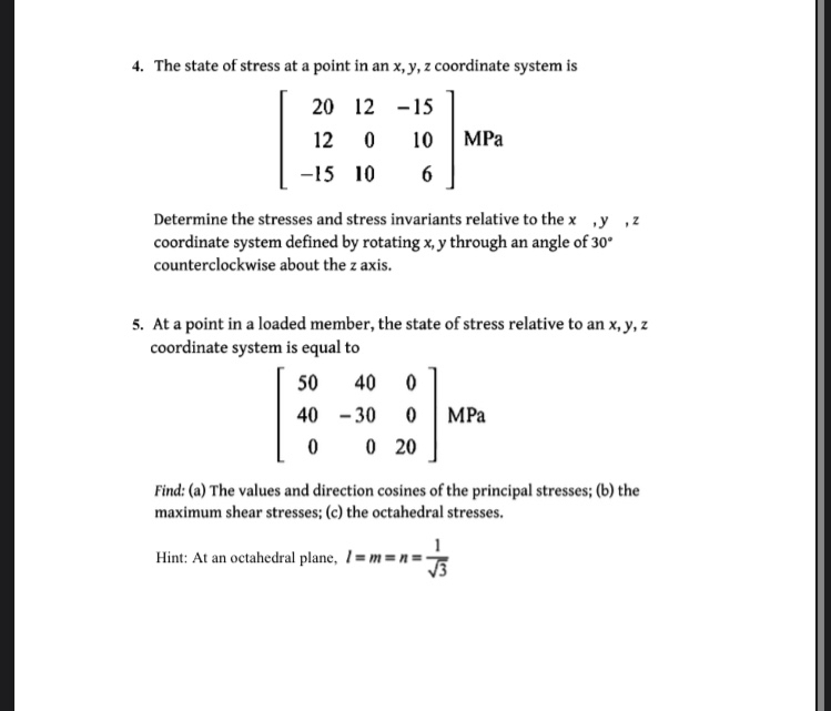 The state of stress at a point in an x , y , z