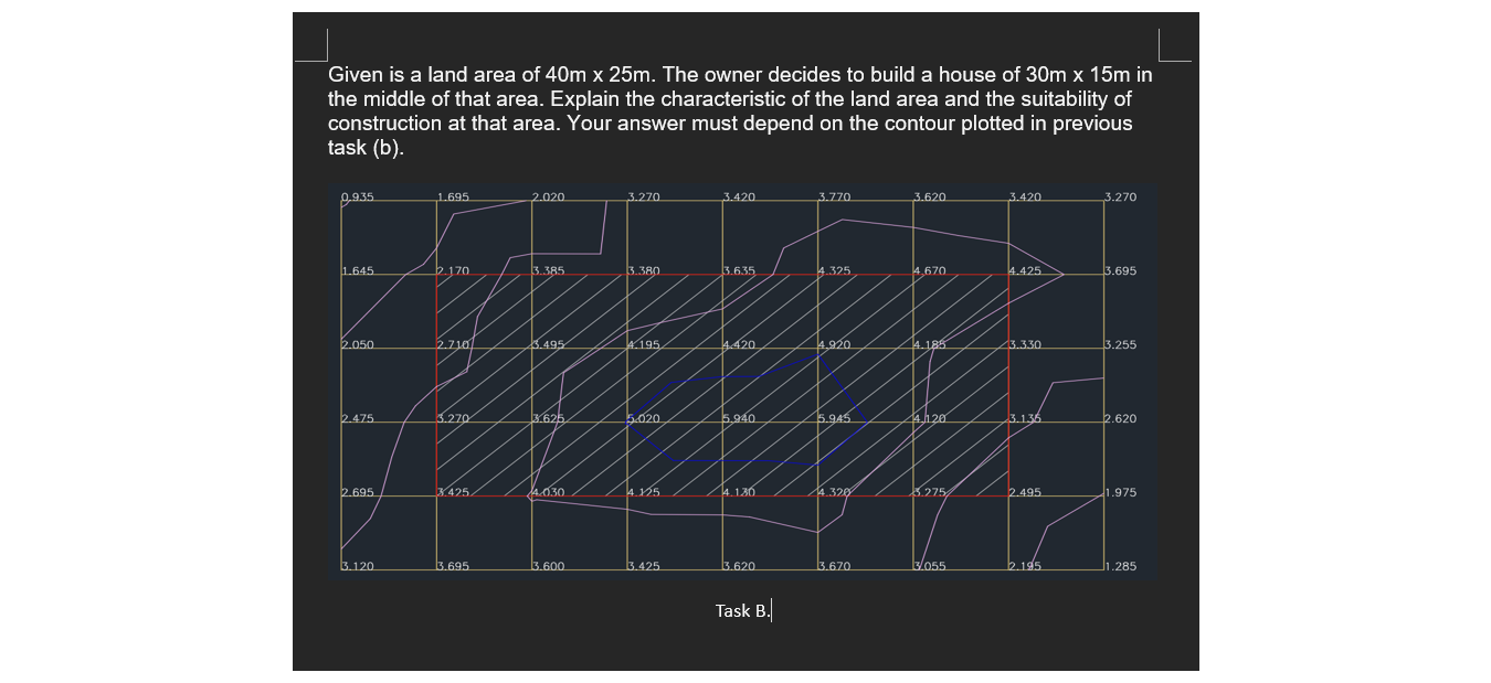 Given is a land area of 4 0 m 2 5 m . The owner