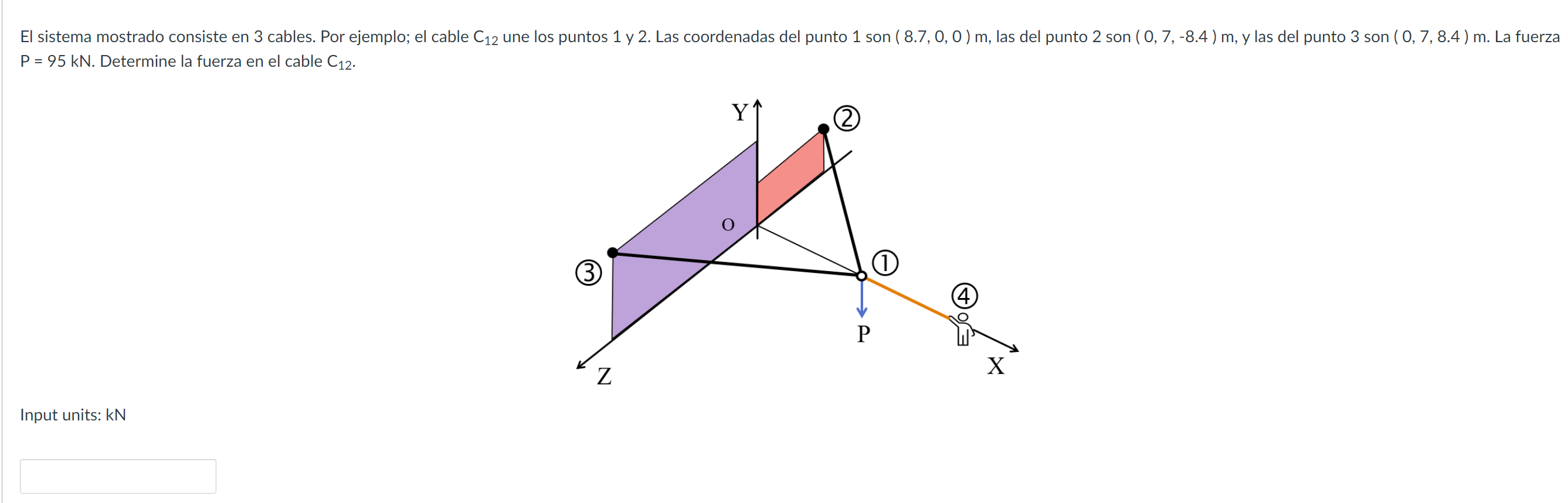 P = 9 5 k N . Determine la fuerza en el cable C 1