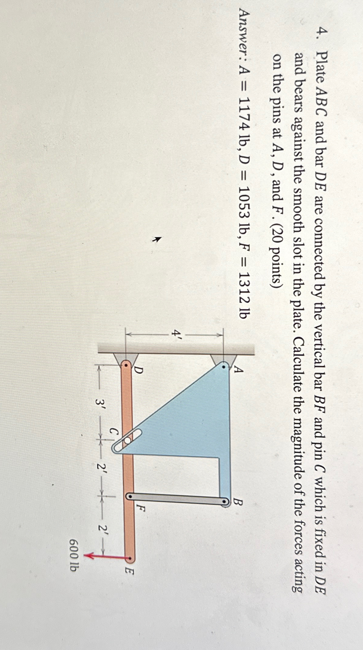 Plate ABC and bar D E are connected by the