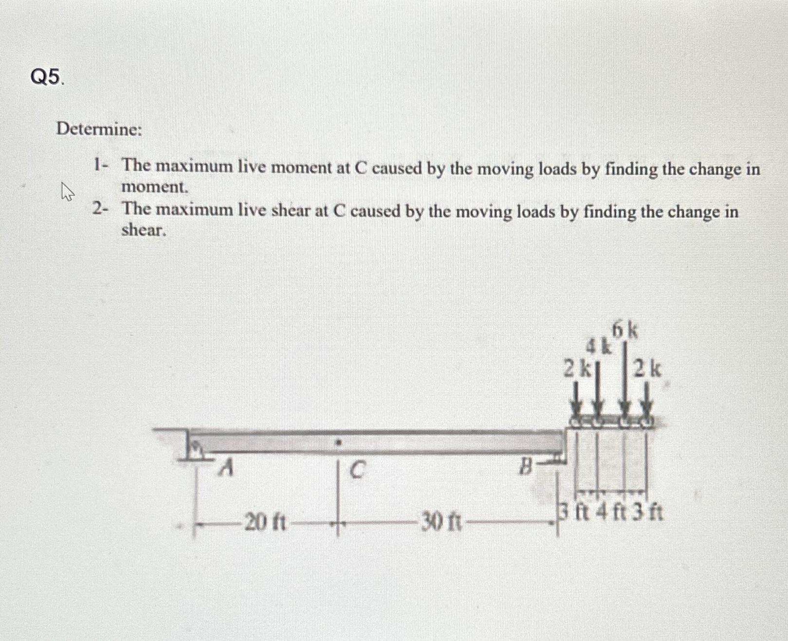 Q 5 . Determine: 1 - The maximum live moment at C