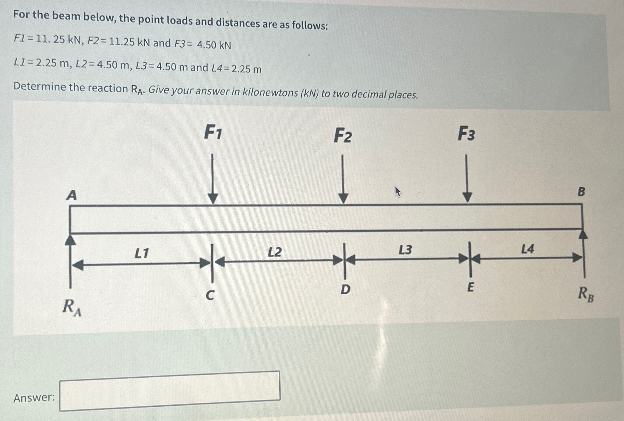 For the beam below, the point loads and distances