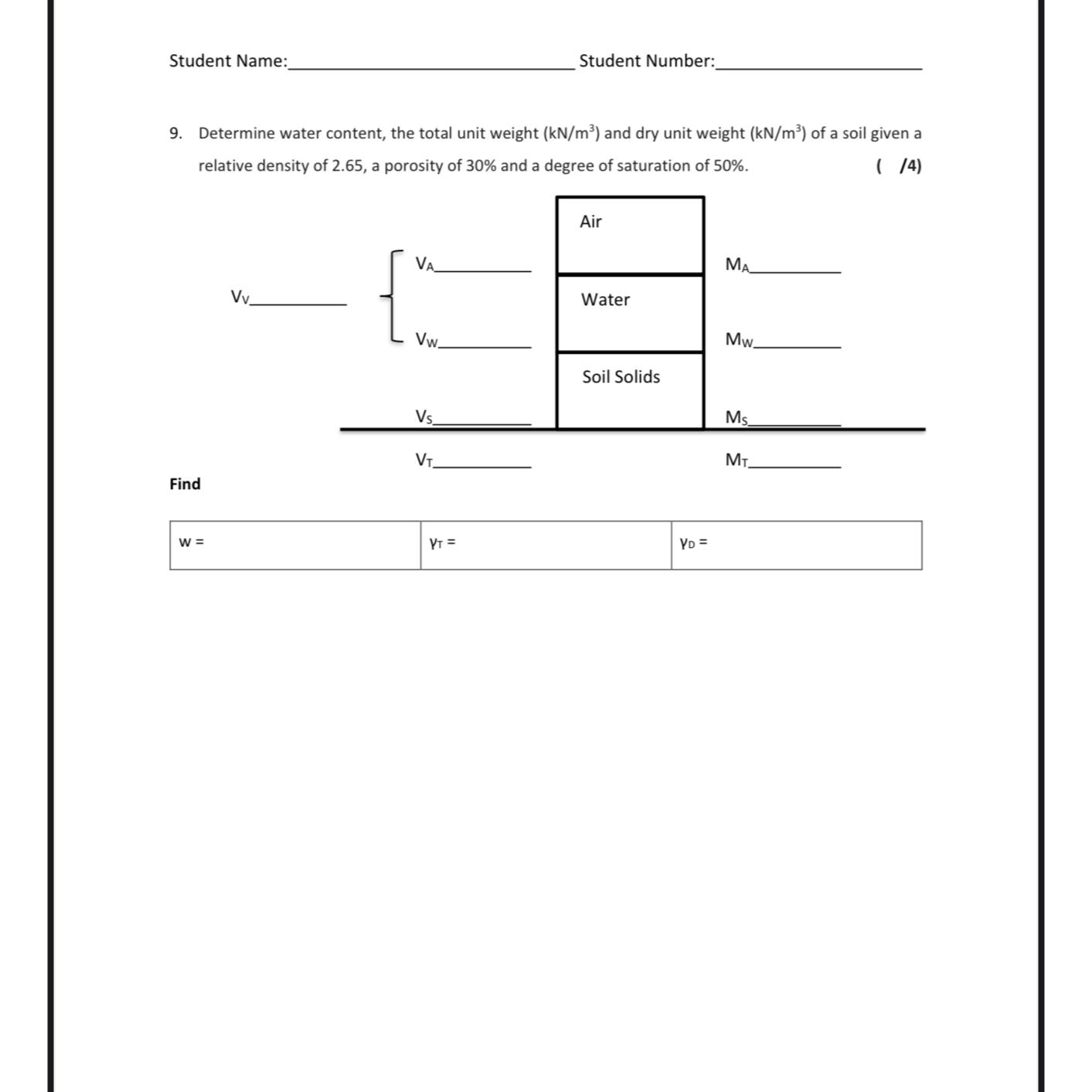 Student Name: Student Number: 9 . Determine water