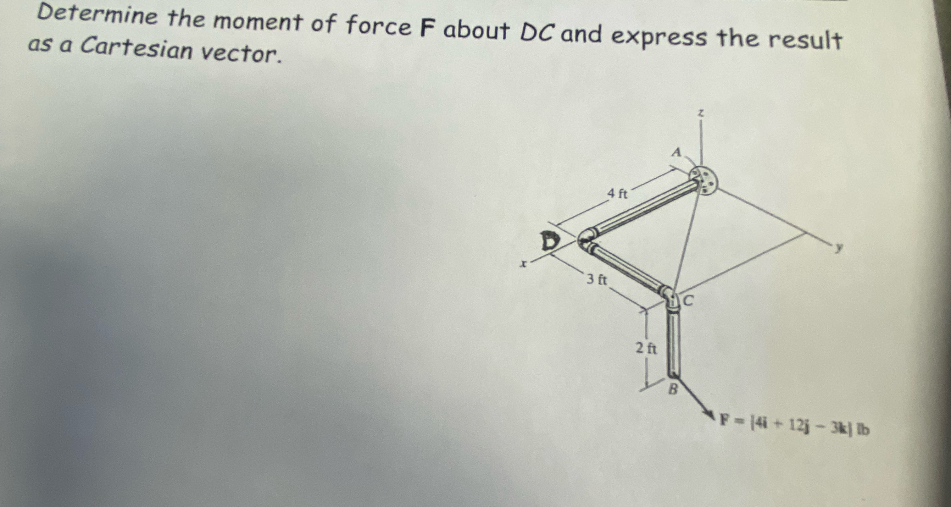 Determine the moment of force F about D C and
