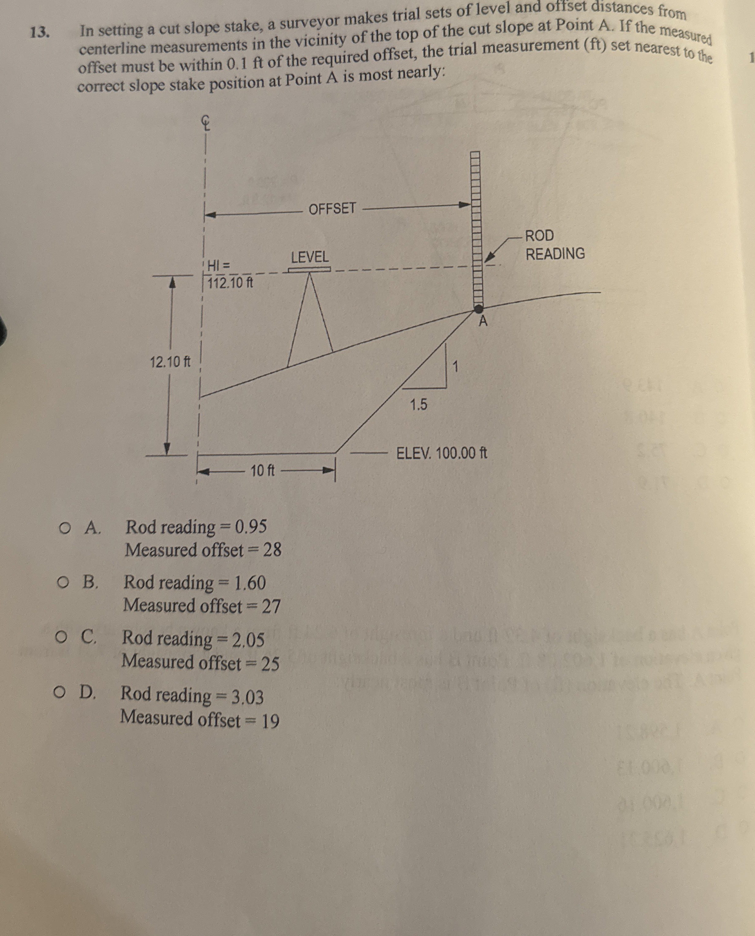 In setting a cut slope stake, a surveyor makes