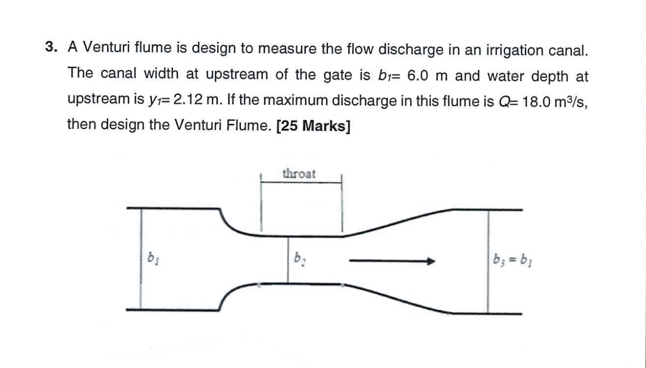 A Venturi flume is design to measure the flow