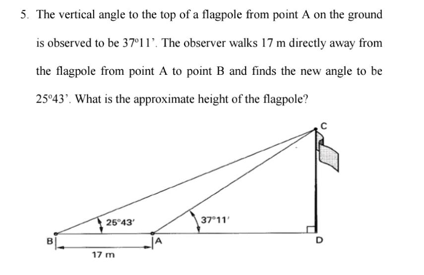 The vertical angle to the top of a flagpole from