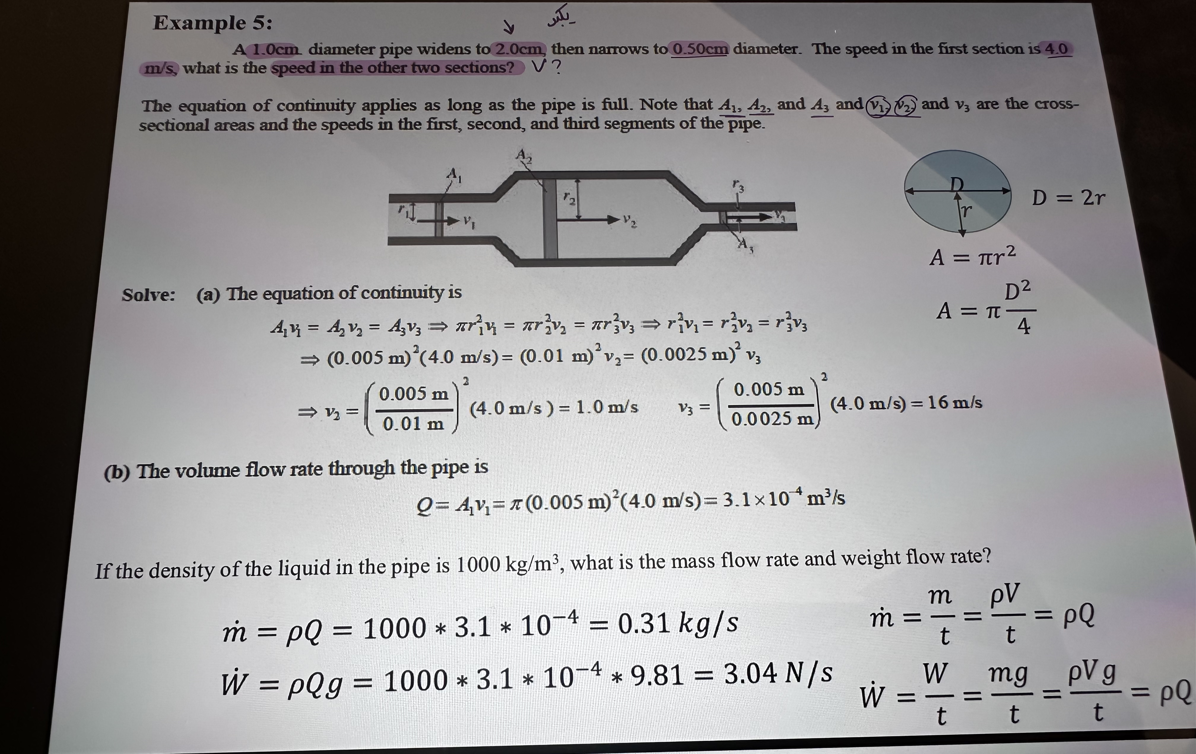 Example 5 : A 1 . 0 c m diameter pipe widens to 2