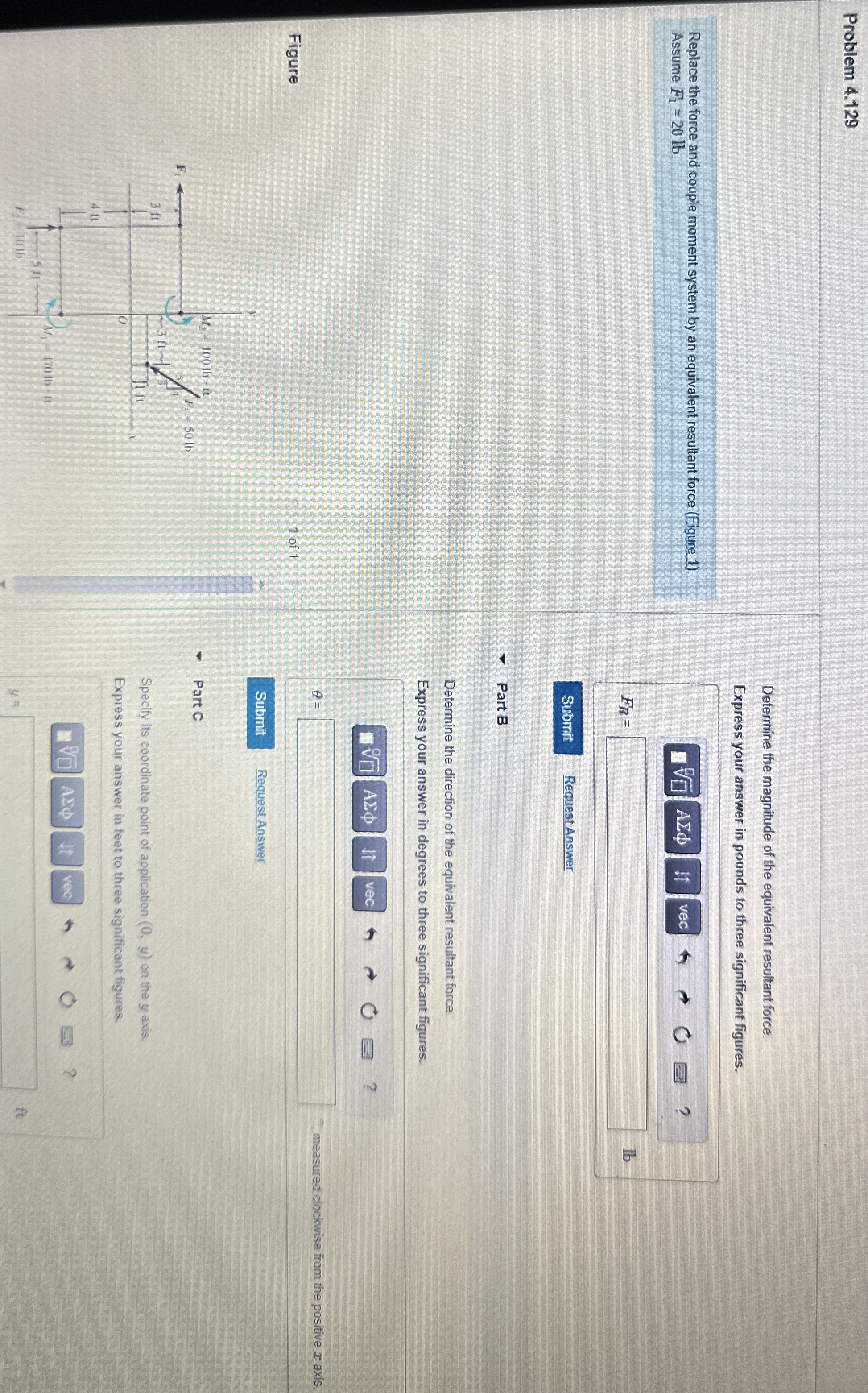 Replace the force and couple moment system by an