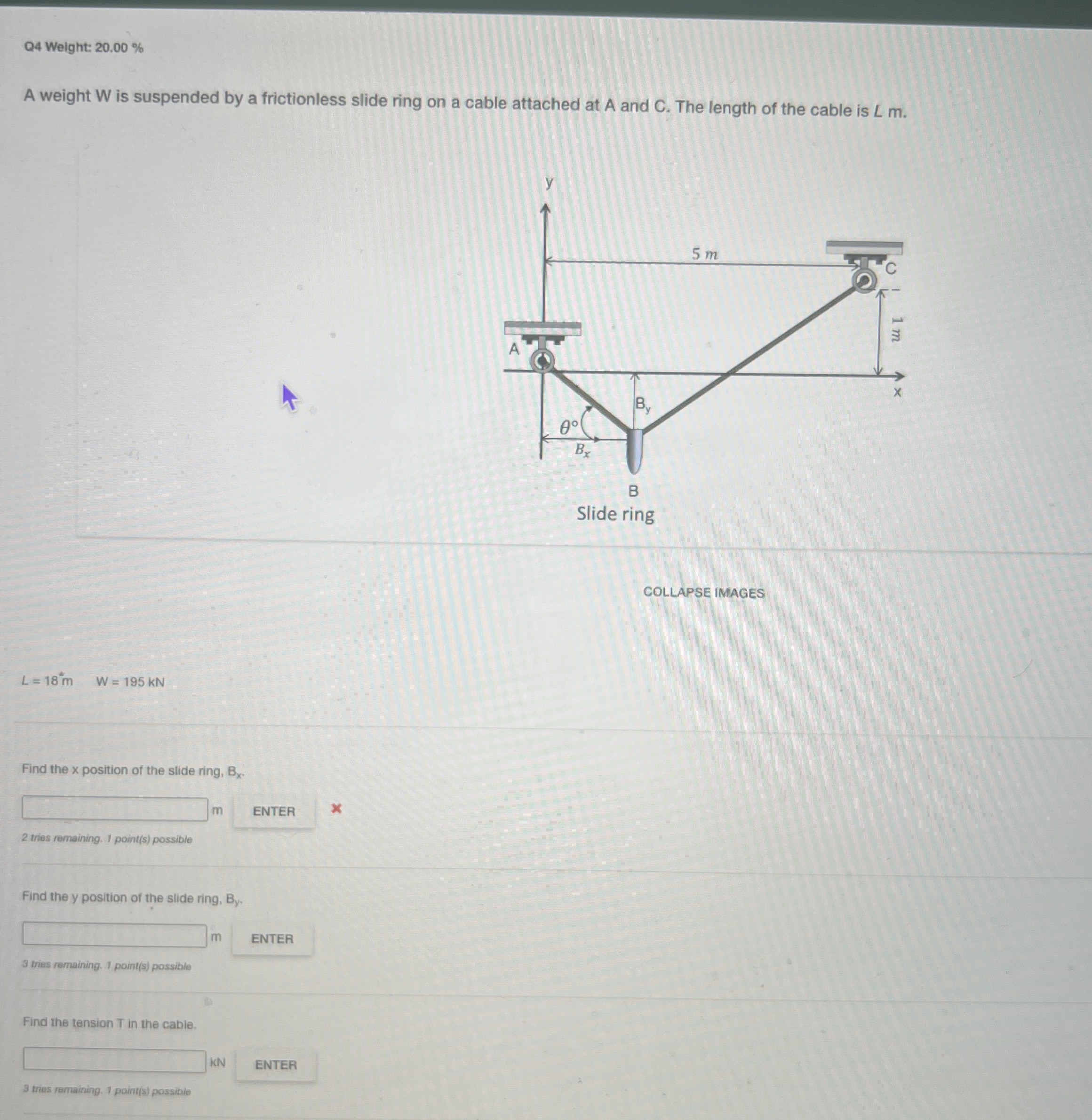 Q 4 Weight: 2 0 . 0 0 % A weight W is suspended
