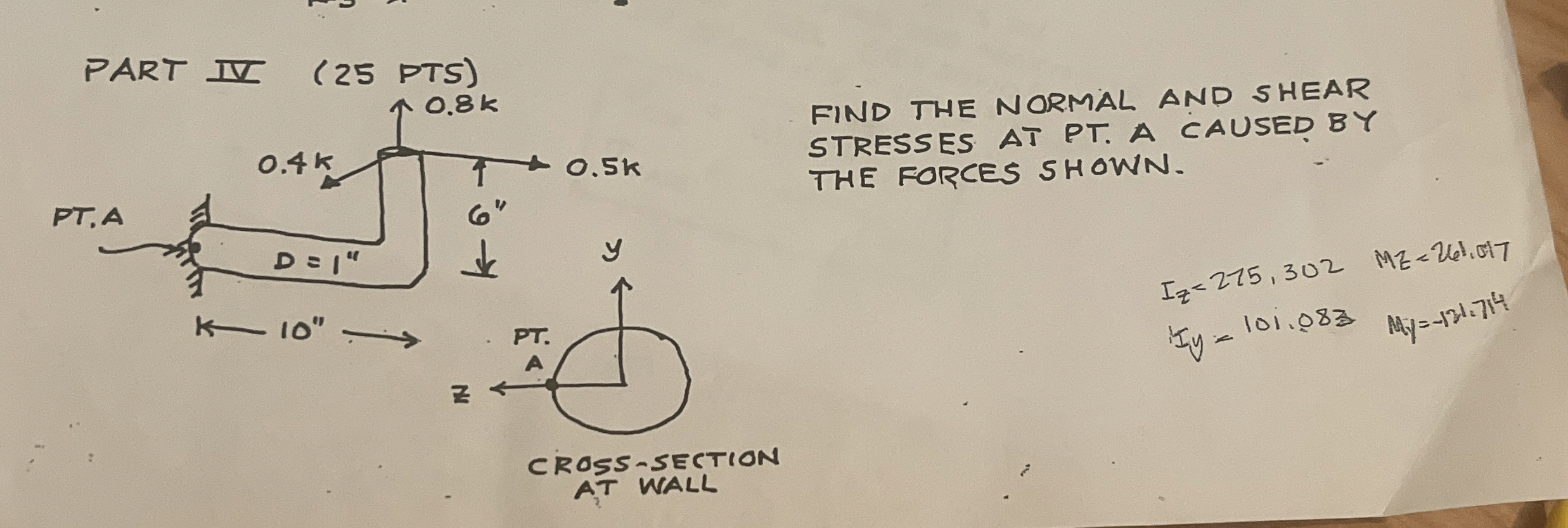 FIND THE NORMAL AND SHEAR STRESSES AT PT . A