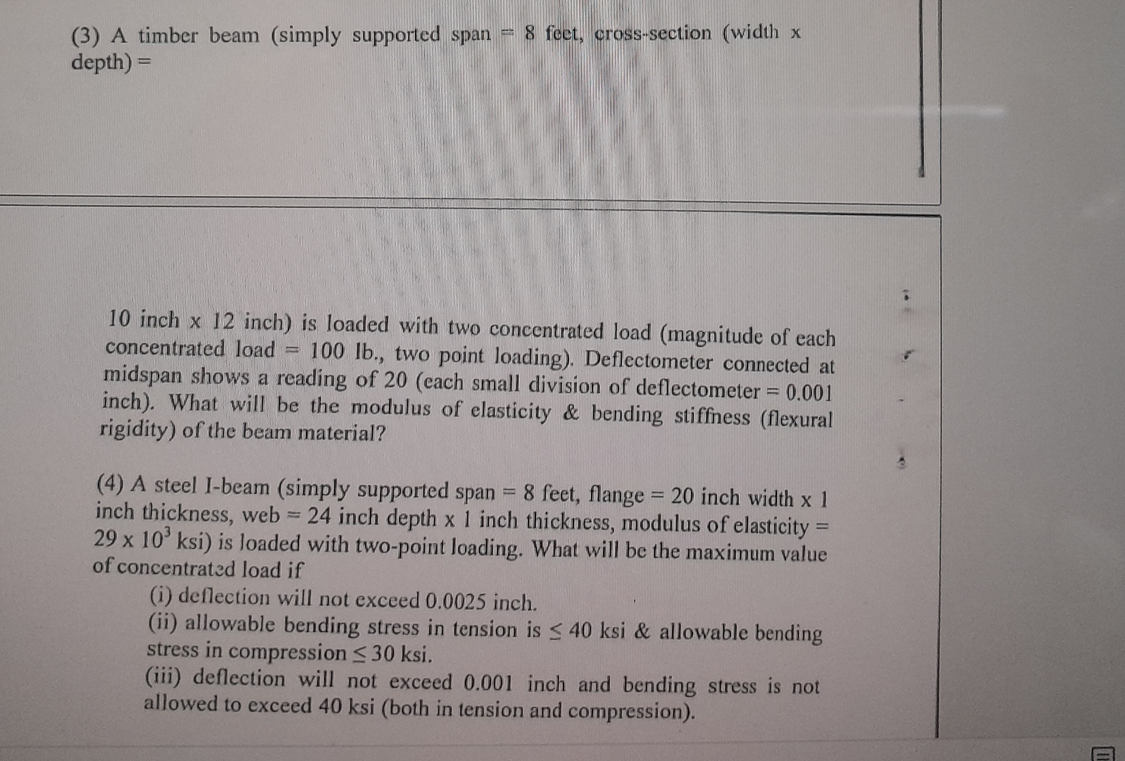 ( 3 ) A timber beam ( simply supported span = 8