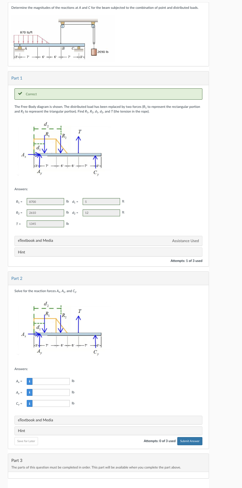 Part 1 Correct The Free - Body diagram is shown.