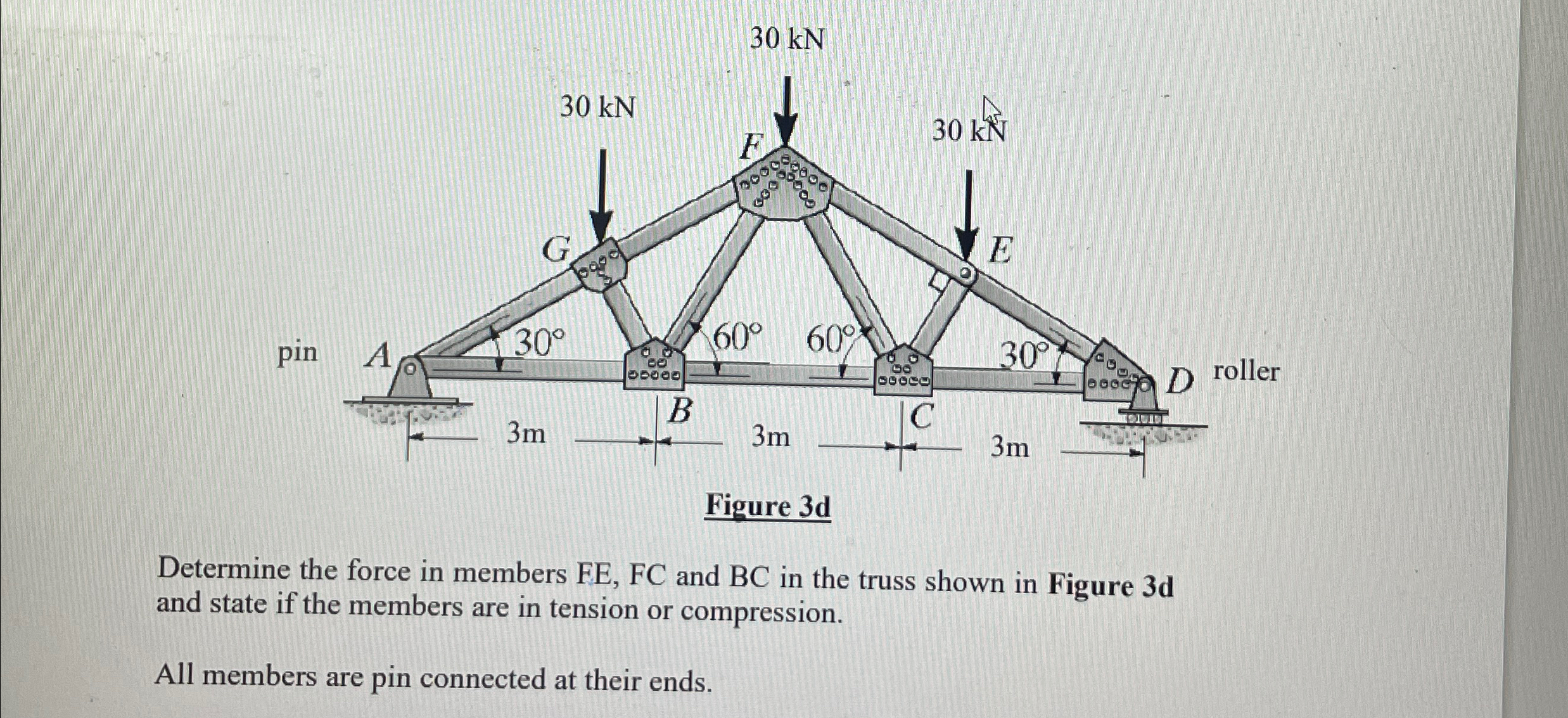 Determine the force in members FE , FC and BC in